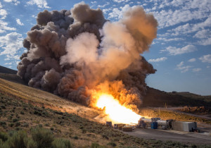 The second and final qualification motor (QM-2) test for the Space Launch System’s booster is seen, Tuesday, June 28, 2016, at Orbital ATK Propulsion Systems test facilities in Promontory, Utah. During the Space Launch System flight the boosters will provide more than 75 percent of the thrust needed to escape the gravitational pull of the Earth, the first step on NASA’s Journey to Mars. Photo Credit: (NASA/Bill Ingalls)